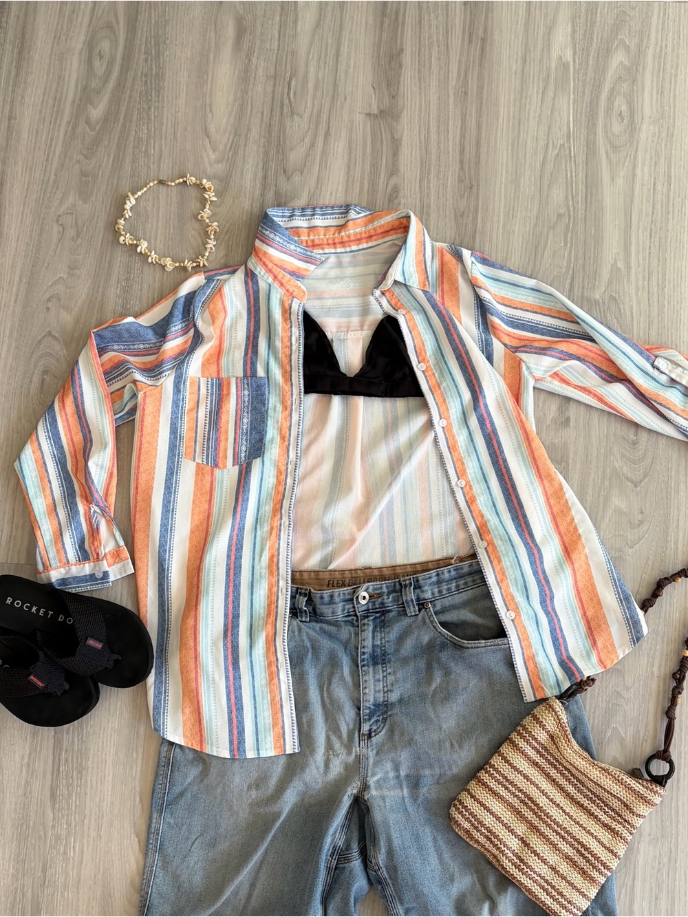 Striped Casual Button-Down Shirt in Orange & Blue beach cover up